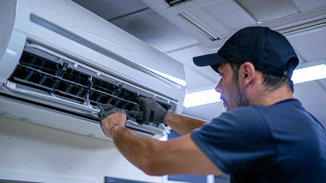 a close-up shot of a technician meticulously cleaning the coils of an air conditioning unit in a modern office environment, showcasing the importance of maintenance for optimal energy efficiency.