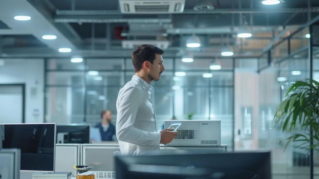 a sleek, modern office interior showcases a confident technician inspecting an advanced air conditioning unit, with high-tech tools and diagnostic screens illuminating the space to emphasize expert ac repair services ensuring peak performance.