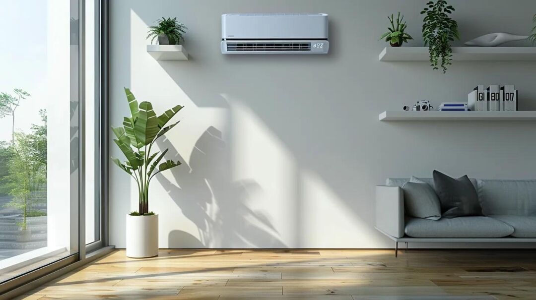 a modern home interior showcases a sleek, energy-efficient ac unit mounted on a minimalistic wall, surrounded by tools and specifications, emphasizing the importance of choosing the right cooling solution for optimal comfort and efficiency.