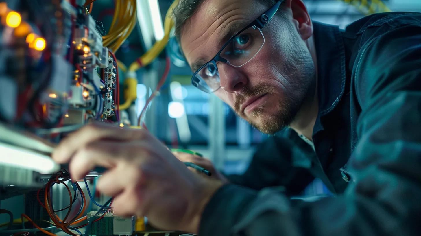 a close-up perspective of a professional technician inspecting intricate electrical components, including circuits and capacitors, inside a sleek, modern air conditioning unit, illuminated by bright, focused overhead lighting in a tidy workshop setting.