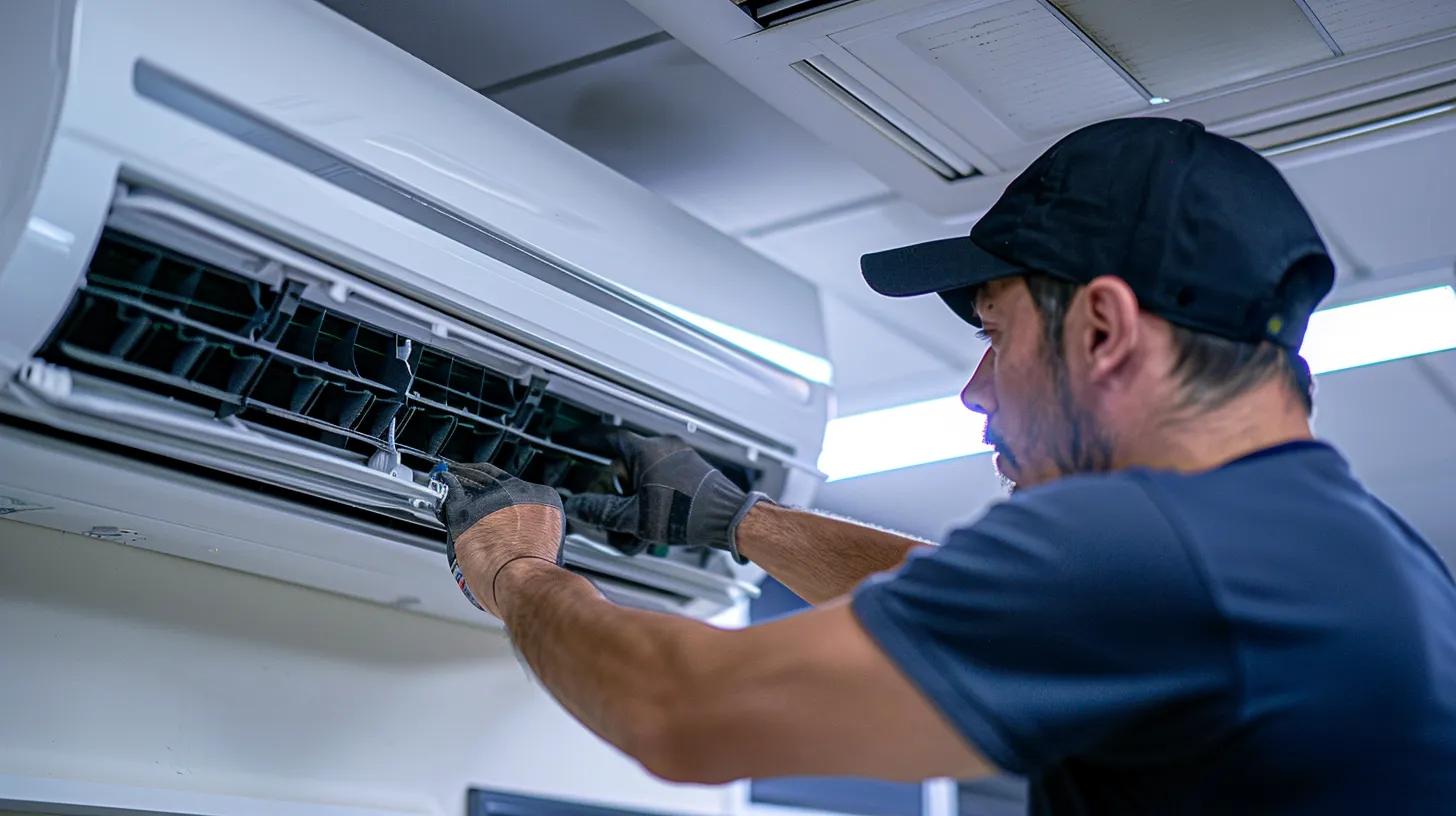 a close-up shot of a technician meticulously cleaning the coils of an air conditioning unit in a modern office environment, showcasing the importance of maintenance for optimal energy efficiency.