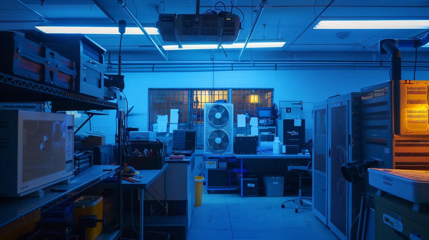a sleek and modern emergency ac repair office in groton, illuminated by bright fluorescent lights, showcasing technicians actively diagnosing a malfunctioning air conditioning unit amidst a backdrop of service tools and equipment.