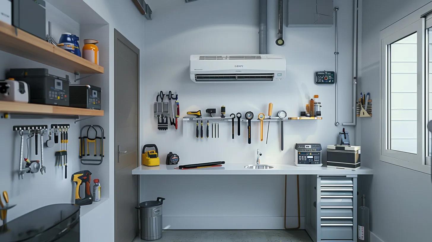 a sleek, modern indoor setting with an air conditioning unit prominently displayed on the wall, surrounded by neatly organized tools and maintenance equipment, capturing the essence of a rigorous preventative ac maintenance checklist in action.