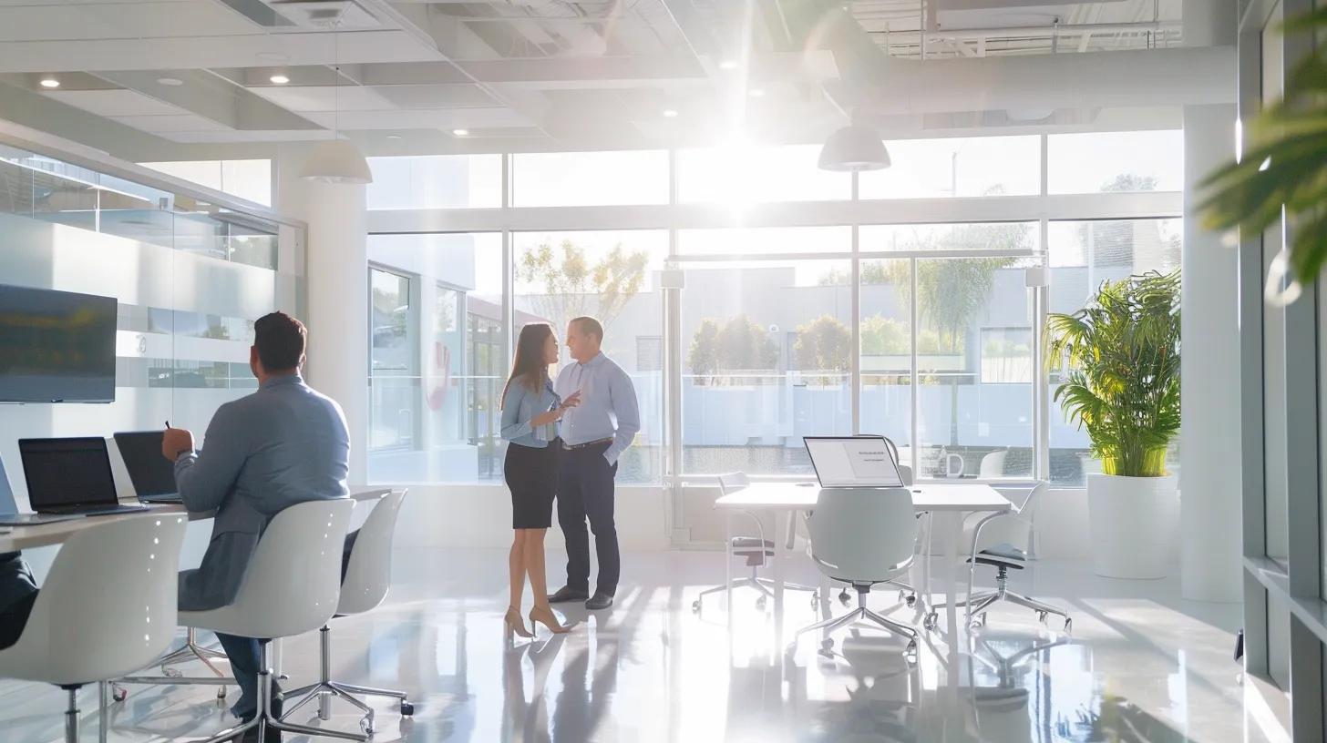 a bright, modern office interior features a satisfied homeowner enthusiastically discussing their positive experience with groton comfort solutions' ac repair services, surrounded by a professional team reviewing transparent pricing charts and service performance on sleek digital displays.