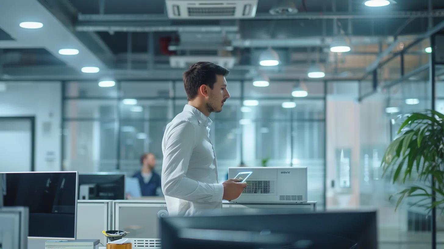 a sleek, modern office interior showcases a confident technician inspecting an advanced air conditioning unit, with high-tech tools and diagnostic screens illuminating the space to emphasize expert ac repair services ensuring peak performance.