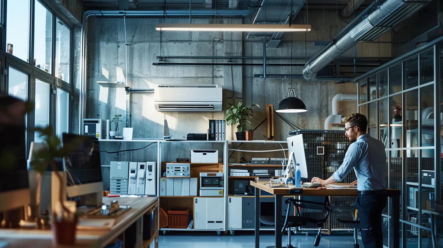 a sleek, modern office space featuring a technician examining a high-efficiency air conditioning unit, with diagnostic tools and equipment visible, highlighting the importance of routine ac maintenance for optimal performance.